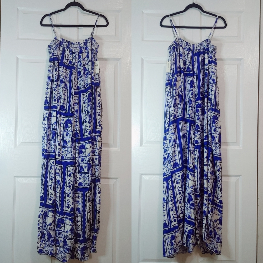 Maeve Blue and White Printed Strapless Jumpsuit - Picture 3 of 12
